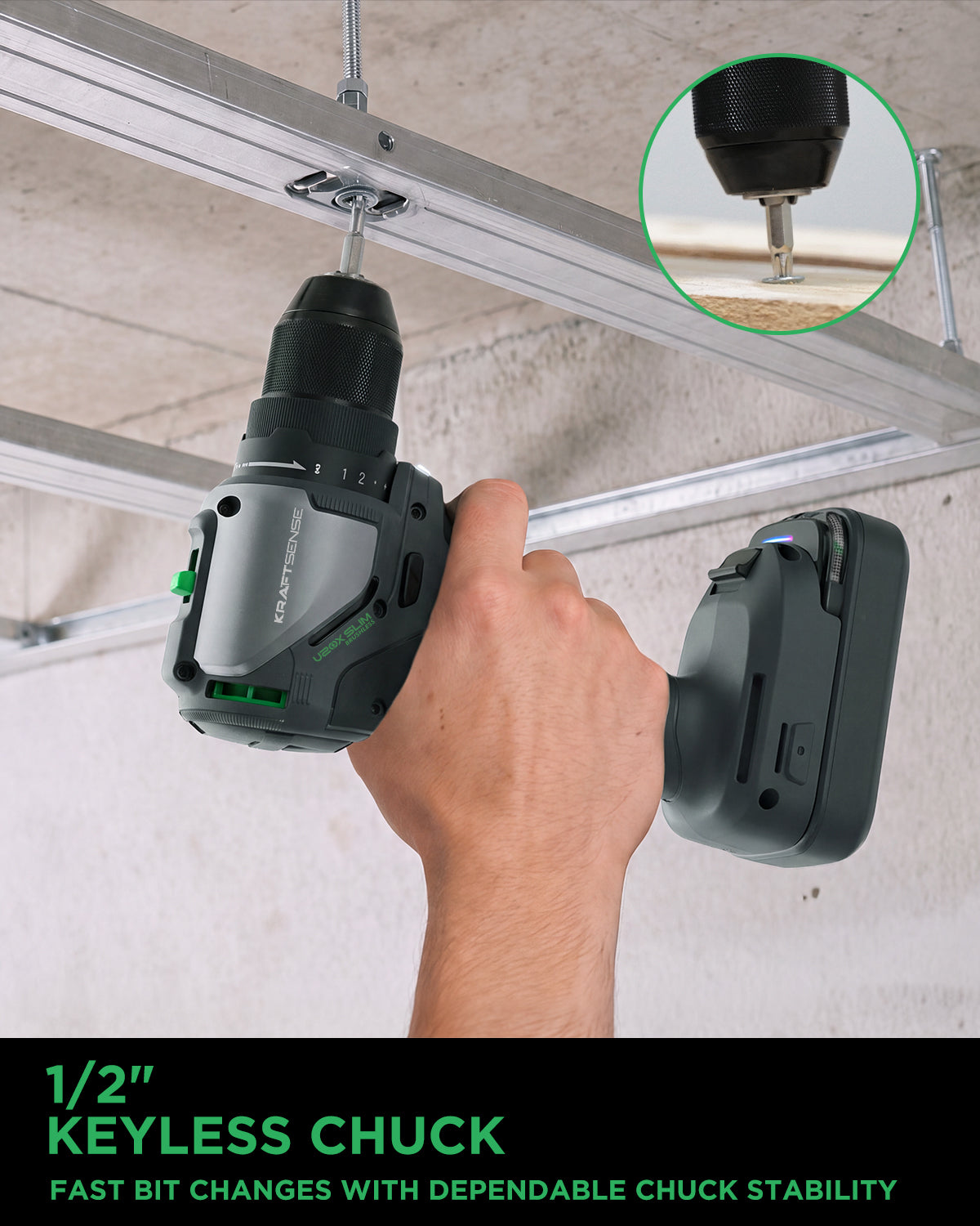 Kraftsense U20X Slim 20V Cordless 1/2" Drill, 50 N·m Torque, Brushless Motor, 2.0Ah Battery.