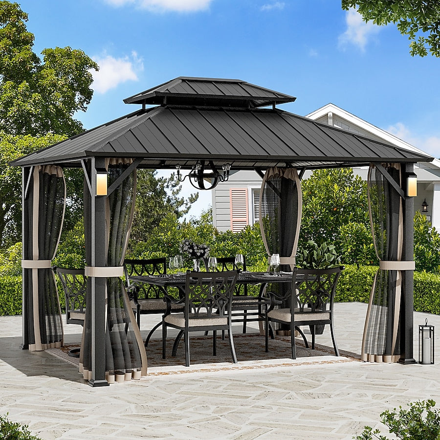 ELEVATE OUTDOORS Solora 10-ft x 12-ft Hardtop Roof Iron Gazebo with Screen Included