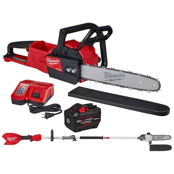 Milwaukee M18 FUEL 18V 16 in. Brushless Cordless Battery Powered Chainsaw Kit w/ Pole Saw, 12.0 Ah Battery and Rapid Charger 2727-21HD-3016-20PS