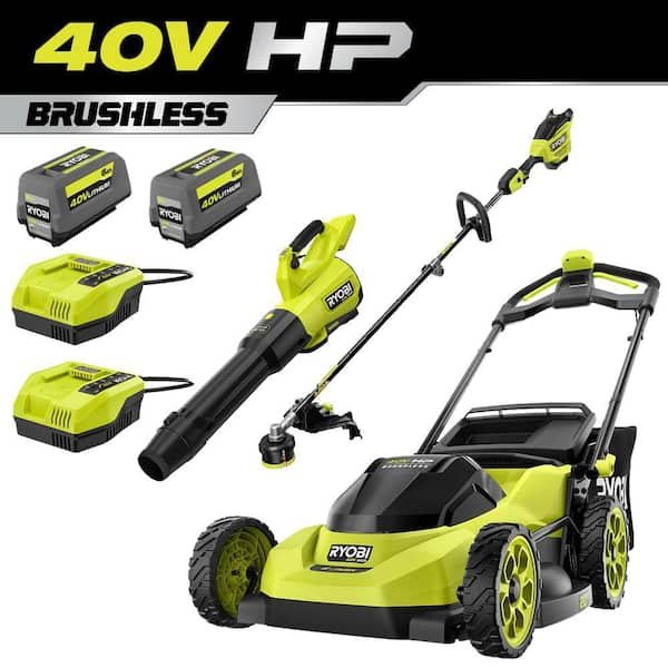 RYOBI 40V HP Brushless 20 in. Cordless Battery Walk Behind Push Mower, Blower & String Trimmer w/ (2) Batteries & (2) Chargers RY40HPLM06K-RY40HPCK202K
