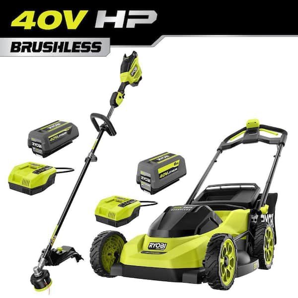 RYOBI 40V HP Brushless 20″ Cordless Battery Walk Behind Push Lawn Mower w/ 40V 17″ String Trimmer, (2) Batteries & Chargers RY40HPLM06K-RY40HPST02K