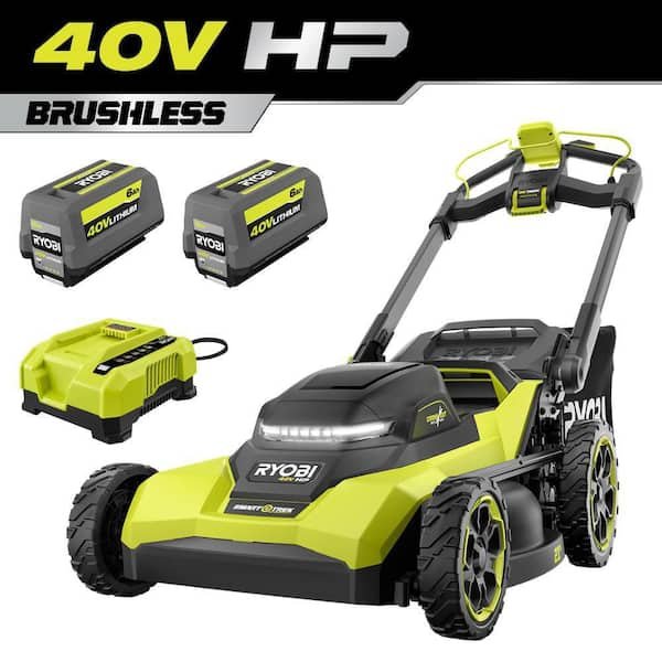 RYOBI 40V HP Brushless 21 in.Cordless Walk Behind Multi-Blade Self-Propelled Lawn Mower w/ (2) 6.0Ah Batteries and Charger RY40HPLM02K2