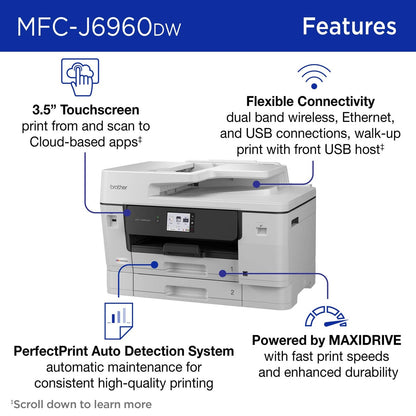 Brother – INKvestment 6960 Wireless Color All-in-One Inkjet Printer with 11”x17” capabilities/2 Paper Trays (MFCJ6960DW) – Gray