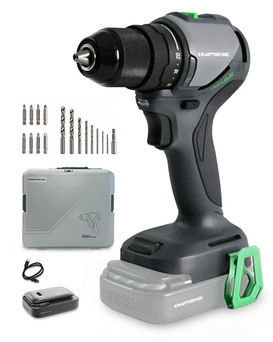 Kraftsense U20X Slim 20V Cordless 1/2" Drill, 50 N·m Torque, Brushless Motor, 2.0Ah Battery.