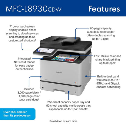 Brother – MFC-L8930CDW Color Laser All-in-One Printer with Duplex Print, Scan, Copy and Low-Cost Printing – White