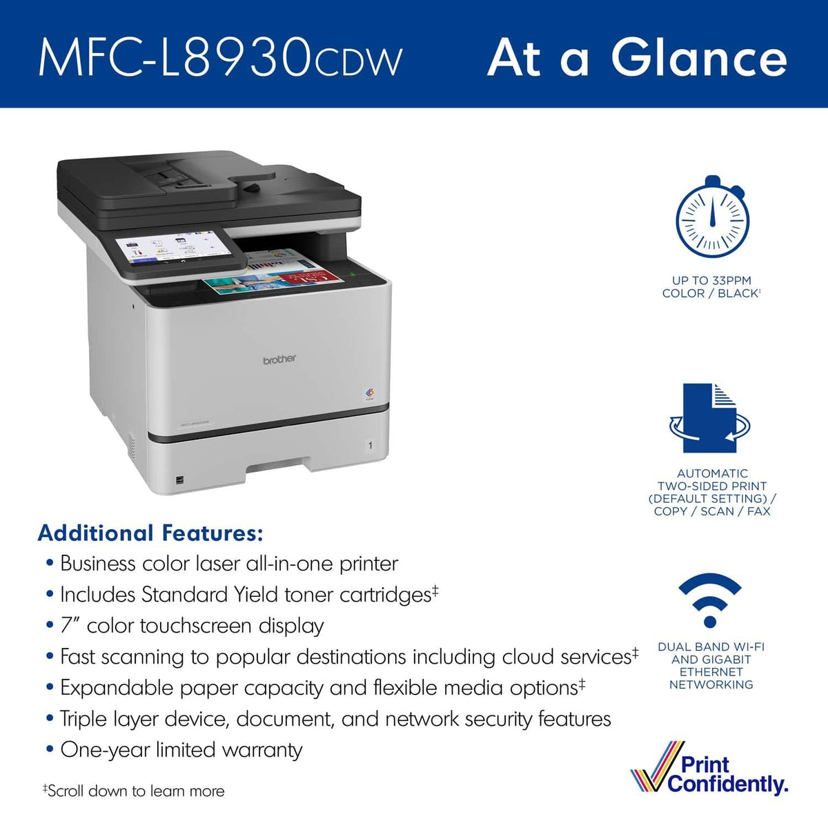 Brother – MFC-L8930CDW Color Laser All-in-One Printer with Duplex Print, Scan, Copy and Low-Cost Printing – White