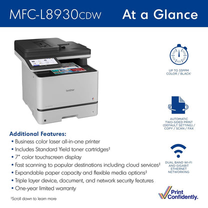 Brother – MFC-L8930CDW Color Laser All-in-One Printer with Duplex Print, Scan, Copy and Low-Cost Printing – White