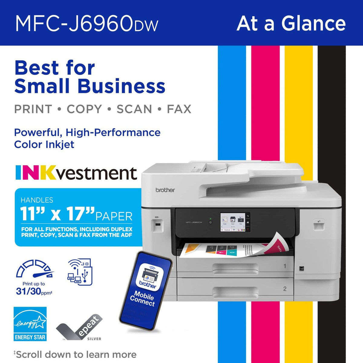 Brother – INKvestment 6960 Wireless Color All-in-One Inkjet Printer with 11”x17” capabilities/2 Paper Trays (MFCJ6960DW) – Gray