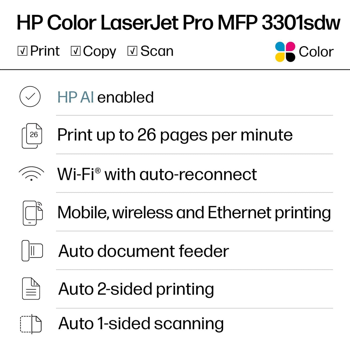 HP – LaserJet Pro MFP 3301sdw Wireless AI-Enabled Color All-in-One Laser Printer – White