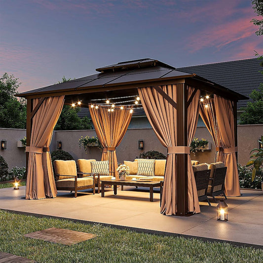 AOXUN Gazebo 10-ft x 12-ft Hardtop Roof Steel Gazebo with Screen Included