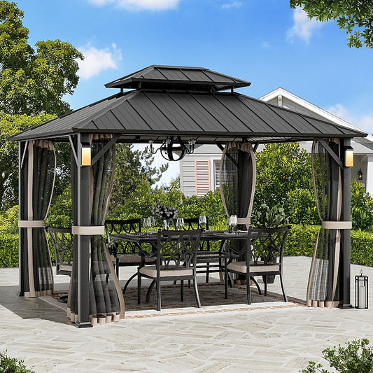 ELEVATE OUTDOORS Solora 10-ft x 12-ft Hardtop Roof Iron Gazebo with Screen Included