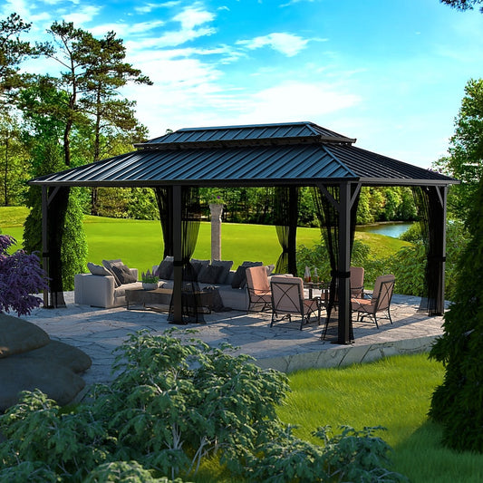 VEIKOUS Hard Top Gazebo 20-ft x 12-ft Hardtop Roof Steel Gazebo with Screen Included