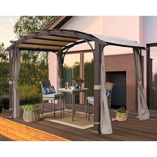 allen + roth 10-ft W x 11-ft 2-in L Dark Brown Metal Freestanding Pergola with Beige Curtains and Canopy