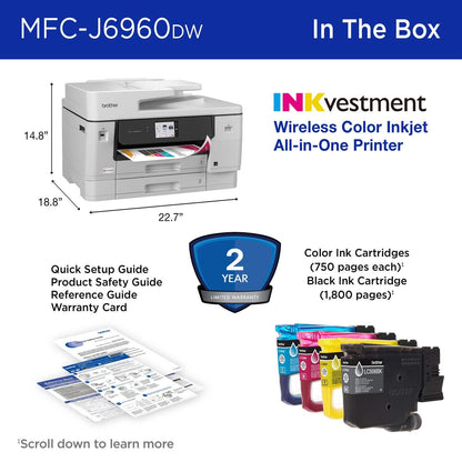 Brother – INKvestment 6960 Wireless Color All-in-One Inkjet Printer with 11”x17” capabilities/2 Paper Trays (MFCJ6960DW) – Gray