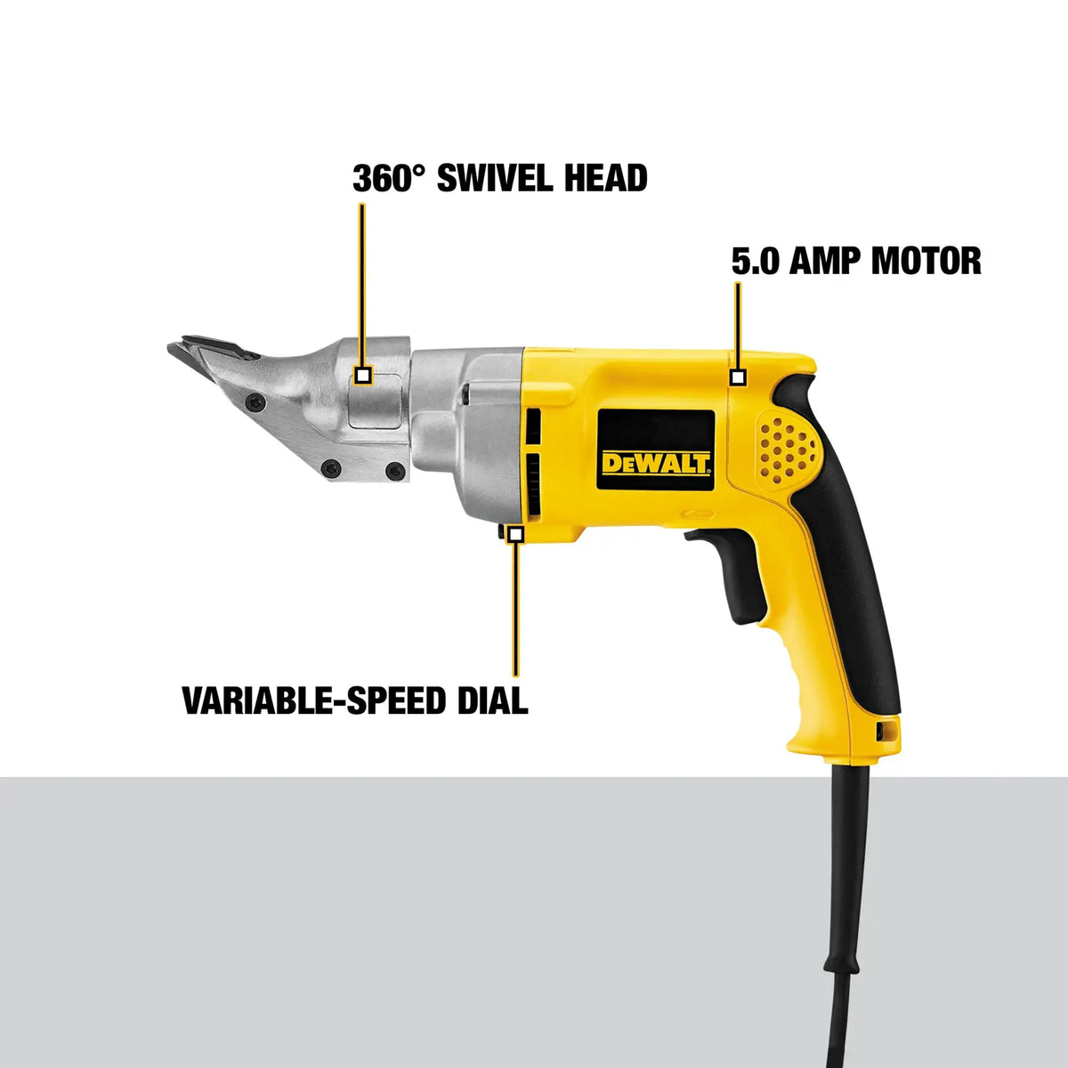 DEWALT DW890 18 Gauge Swivel Head Electric Metal Shear, 5 Amp, Corded, Variable Speed 100-2500 SPM