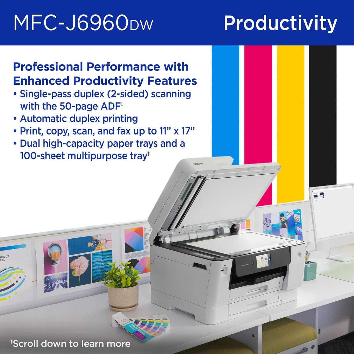 Brother – INKvestment 6960 Wireless Color All-in-One Inkjet Printer with 11”x17” capabilities/2 Paper Trays (MFCJ6960DW) – Gray