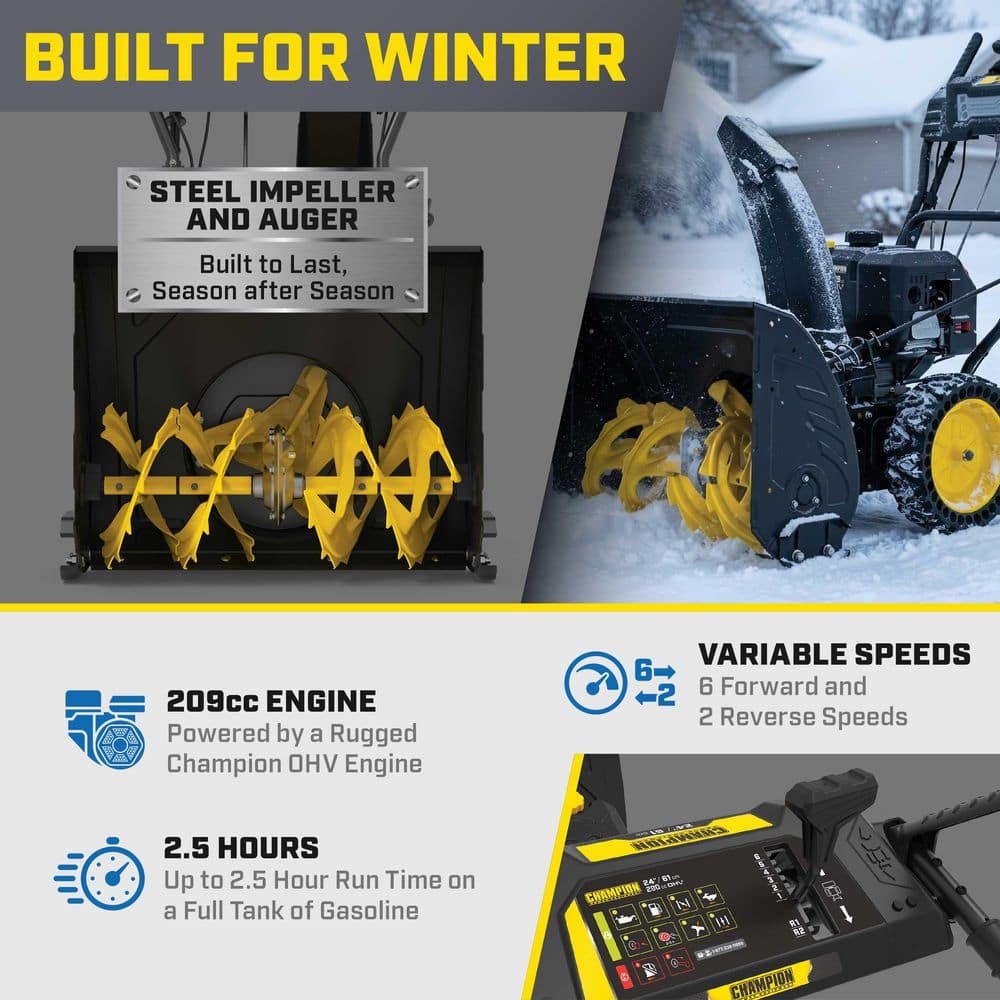 Champion Power Equipment 24 in. 209cc Electric Start 2-Stage Self-Propelled Gas Snow Blower with EZ Turn, LED Headlight and Chute Control 201327