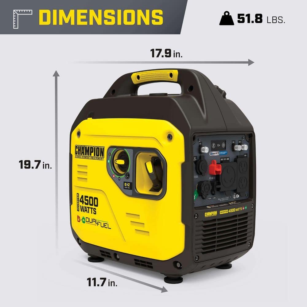 Champion Power Equipment 4500/3250-Watt Recoil Start Gasoline/Propane Powered Dual Fuel Inverter Generator with Quiet Technology and CO Shield 201531