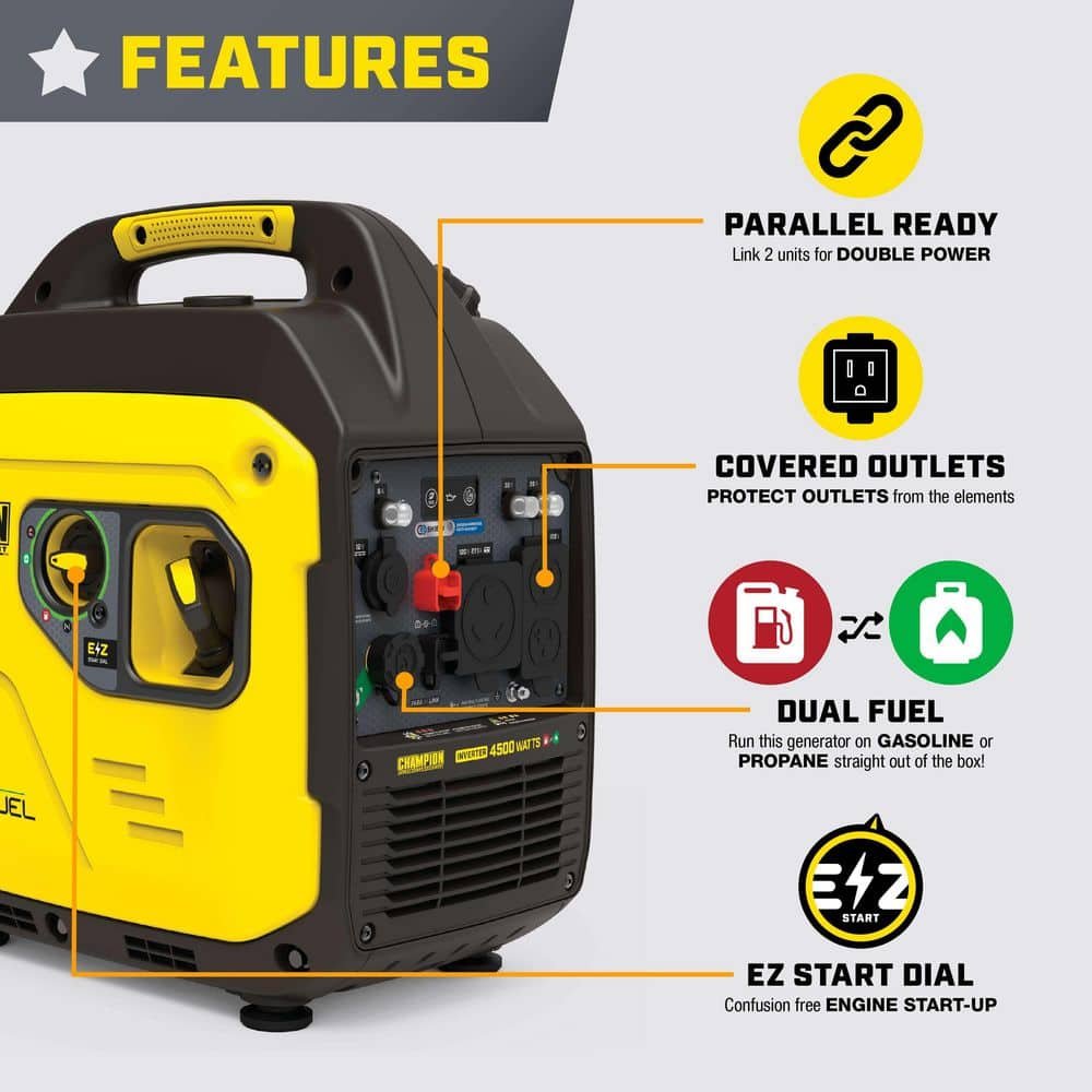 Champion Power Equipment 4500/3250-Watt Recoil Start Gasoline/Propane Powered Dual Fuel Inverter Generator with Quiet Technology and CO Shield 201531