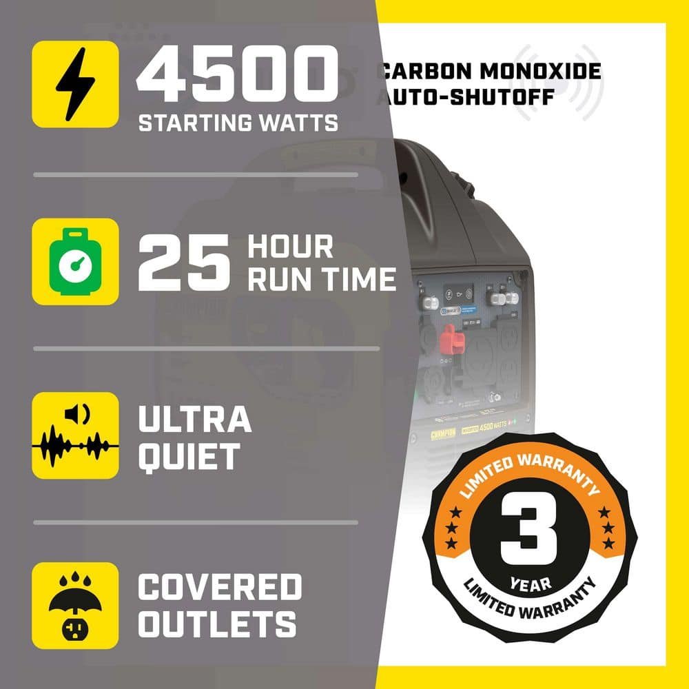 Champion Power Equipment 4500/3250-Watt Recoil Start Gasoline/Propane Powered Dual Fuel Inverter Generator with Quiet Technology and CO Shield 201531