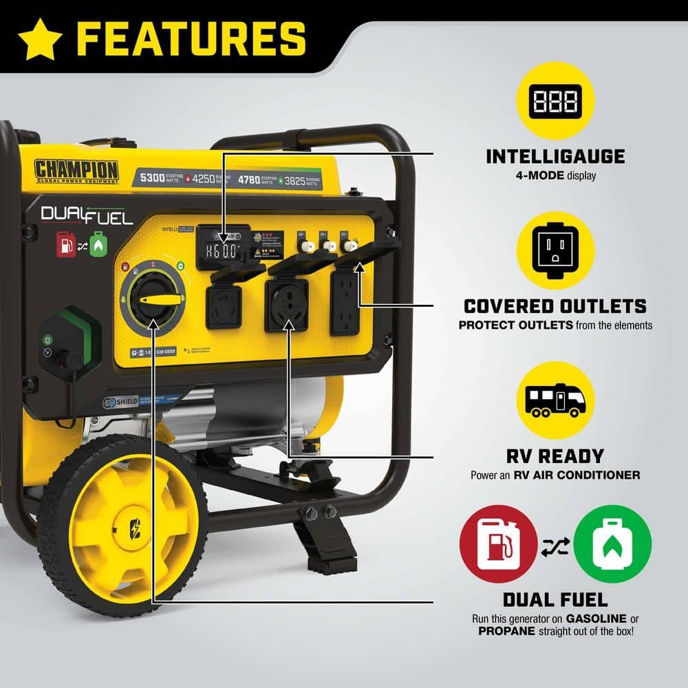 Champion Power Equipment 5300/4250-Watt Recoil Start Dual Fuel Portable Generator w/ Free 3-Year Warranty for RV and Home 201279
