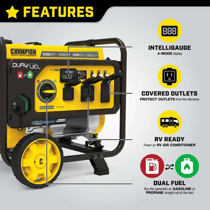 Champion Power Equipment 5300/4250-Watt Recoil Start Dual Fuel Portable Generator w/ Free 3-Year Warranty for RV and Home 201279