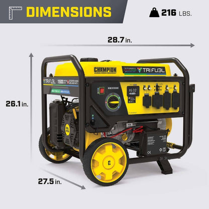 Champion Power Equipment 11,500/9200-Watt Electric Start Tri Fuel Portable Generator w/ Free 3-Year Warranty for Home Backup and Storm Prep 201412