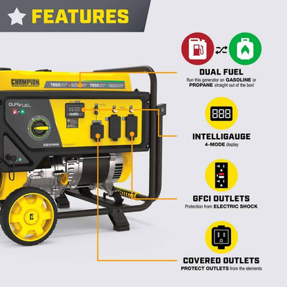 Champion Power Equipment 7850/6250-Watt Recoil Start Dual Fuel Portable Generator w/ Free 3-Year Warranty for Home Backup and Storm Prep 201463