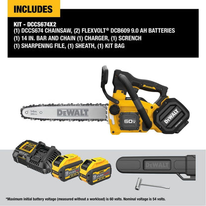 DEWALT FLEXVOLT 60V MAX 14 in. Brushless Cordless Battery Powered Top Handle Chainsaw Kit with (2) 3.0 Ah Batteries and Charger DCCS674X2
