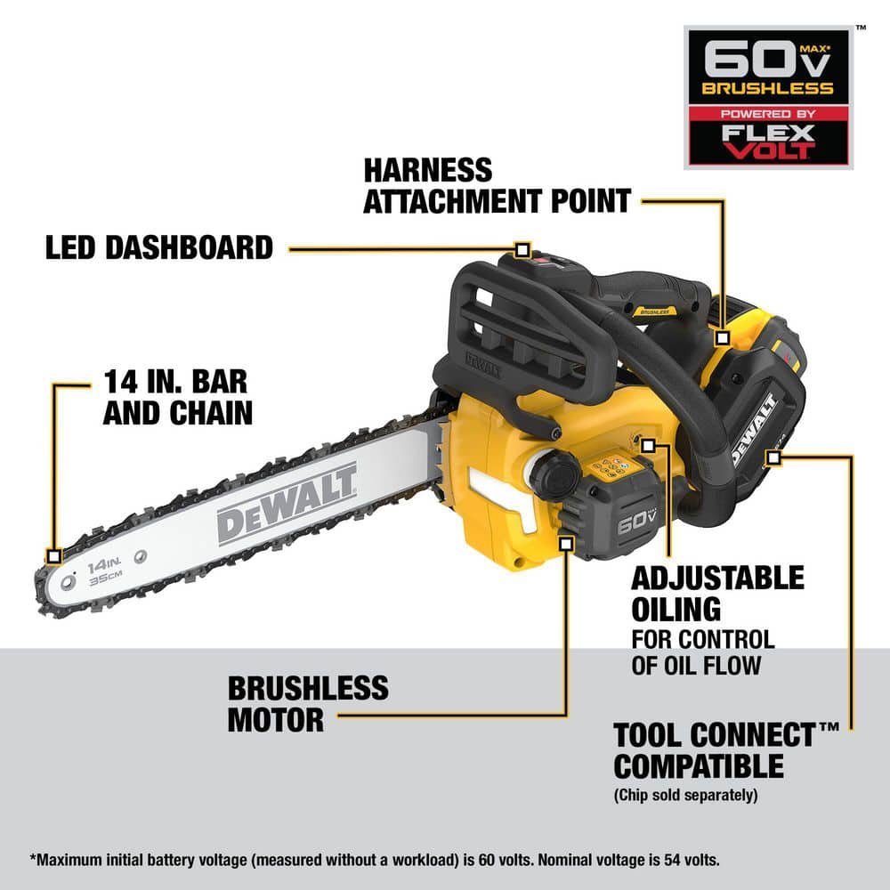DEWALT FLEXVOLT 60V MAX 14 in. Brushless Cordless Battery Powered Top Handle Chainsaw Kit with (2) 3.0 Ah Batteries and Charger DCCS674X2