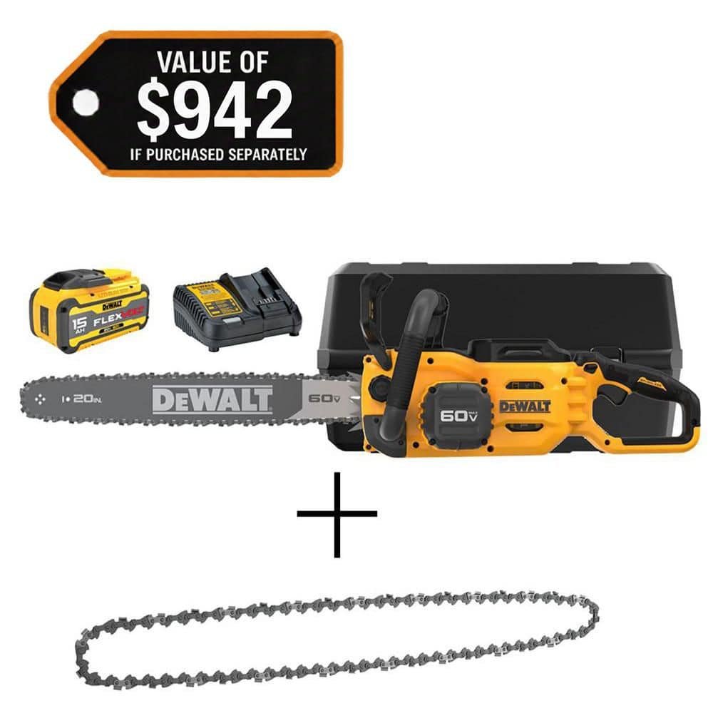 DEWALT FLEXVOLT 60V MAX 20 in. Brushless Cordless Chainsaw and Case Kit w/ (1) 5.0 Ah Battery and Charger w/ Extra 20 in. Chain DCCS677Z1WDT620