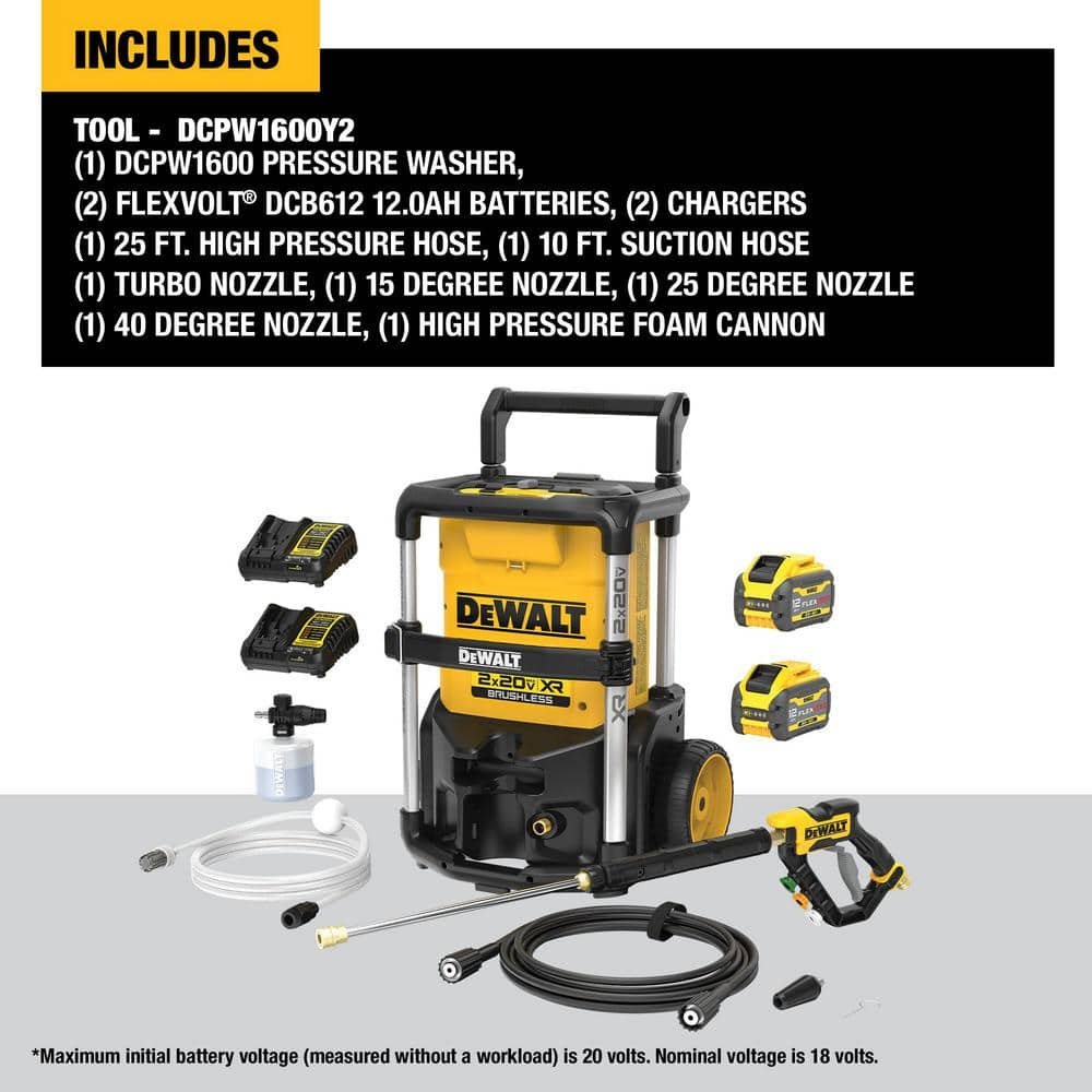 DEWALT 20V MAX 1600 PSI 1.2 GPM Cold Water Cordless Pressure Washer Kit with (2) FLEXVOLT 12 Ah Batteries and (2) Chargers DCPW1600Y2