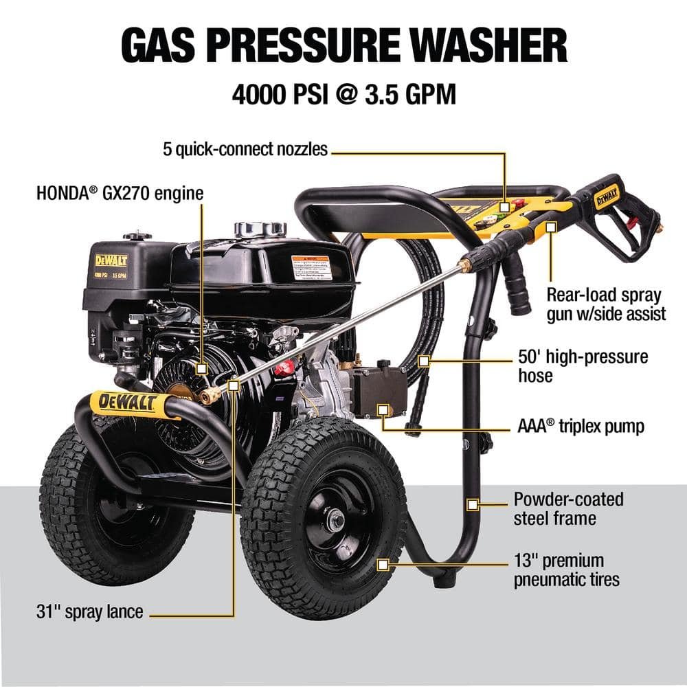 DEWALT 4000 PSI 3.5 GPM Gas Pressure Washer with Honda GX270 Engine, Heavy-Duty Commercial Cold Water Power Cleaner DXPW4035