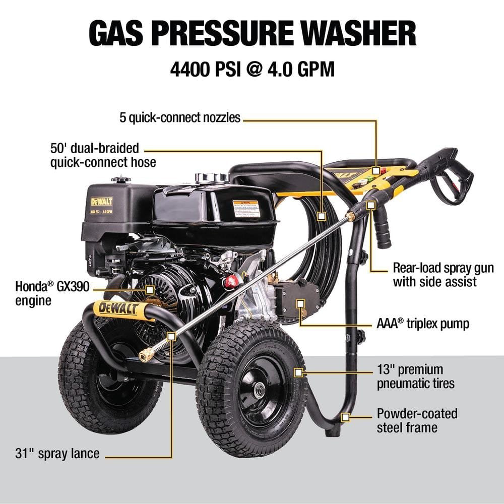 DEWALT 4400 PSI 4.0 GPM Gas Pressure Washer with Honda GX390 Engine, Heavy-Duty Commercial Cold Water Power Washer DXPW4440