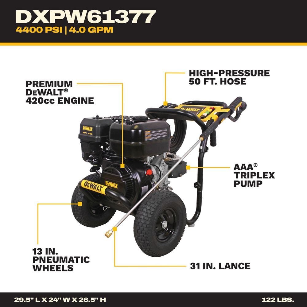 DEWALT 4400 PSI 4.0 GPM Gas Pressure Washer with 420cc Engine, Triplex Pump, Commercial Cold Water Power Washer DXPW61377