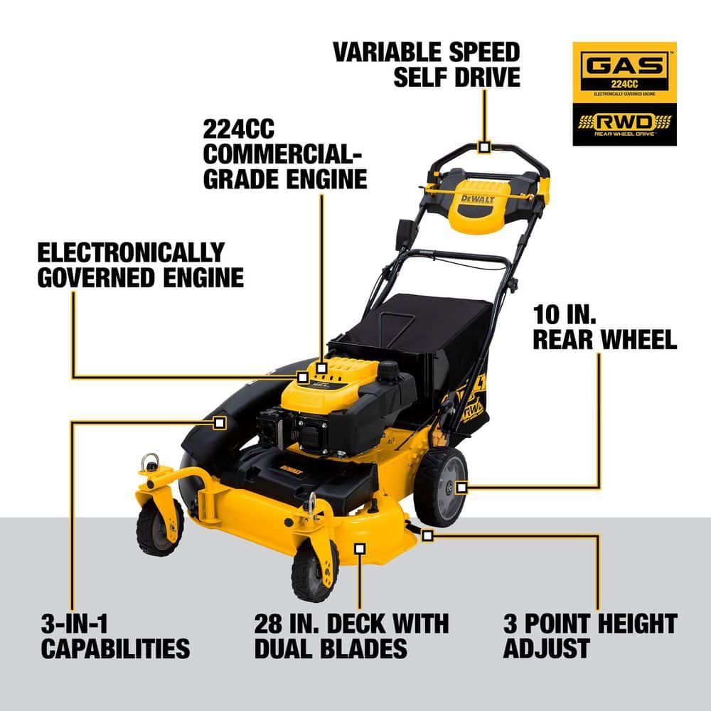 DEWALT 28 in. 224cc E-GOV Engine 3-in-1 Gas RWD Self-Propelled Lawn Mower with High Rear Wheels DW12ABW6RK039