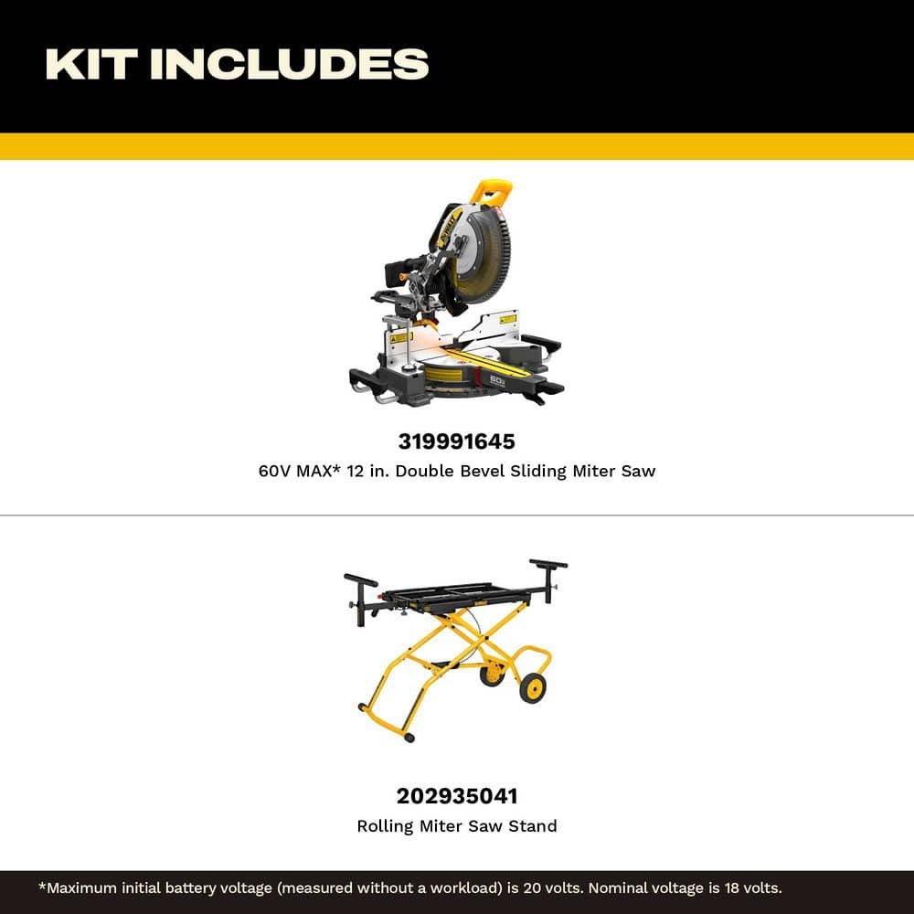 DEWALT 60V Lithium-Ion 12 in. Cordless Sliding Miter Saw (Tool Only) and 32-1/2 in. x 60 in. Rolling Miter Saw Stand DCS781BWDWX726