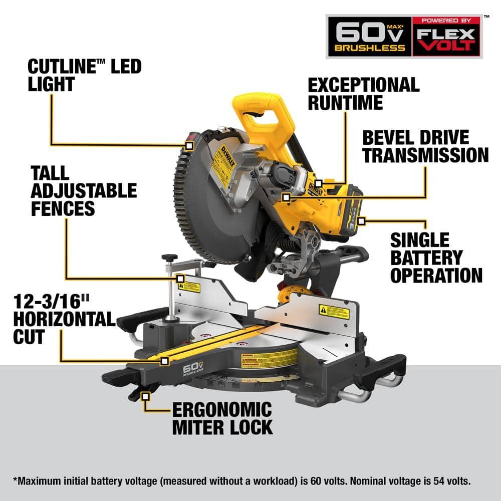 DEWALT 60V Lithium-Ion 12 in. Cordless Sliding Miter Saw Kit with 9.0Ah Battery Pack DCS781X1