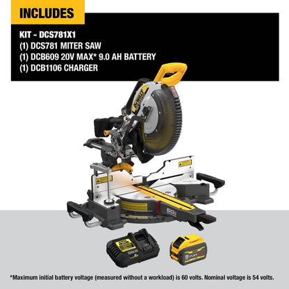 DEWALT 60V Lithium-Ion 12 in. Cordless Sliding Miter Saw Kit with 9.0Ah Battery Pack DCS781X1