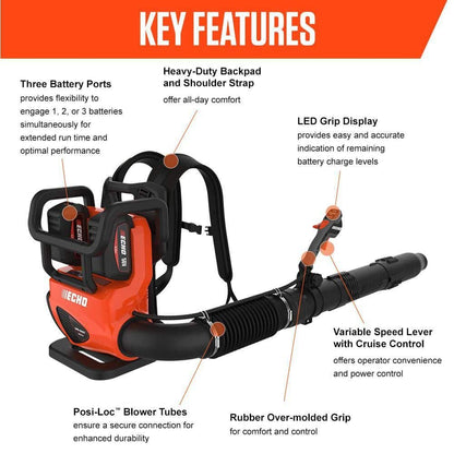ECHO 56V 195 MPH 795 CFM Cordless Battery Backpack Blower w/Tube Throttle and (2) 5.0Ah Batteries and Dual Port Charger DPB-5800TD2-2