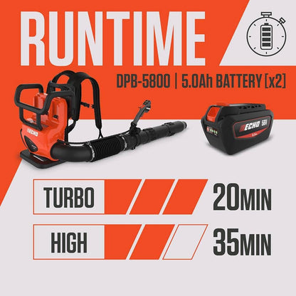ECHO 56V 195 MPH 795 CFM Cordless Battery Backpack Blower w/Tube Throttle and (2) 5.0Ah Batteries and Dual Port Charger DPB-5800TD2-2
