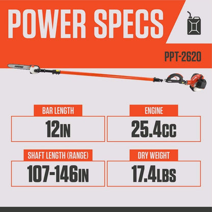 ECHO 12 in. 25.4 cc Gas 2-Stroke X Series Telescoping Power Pole Saw with Loop Handle and Shaft Extending to 12.1 ft. PPT-2620
