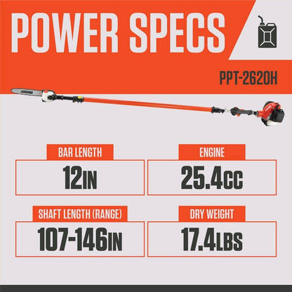 ECHO 12 in. 25.4 cc Gas 2-Stroke X Series Telescoping Power Pole Saw with In-Line Handle and Shaft Extending to 12.1 ft. PPT-2620H