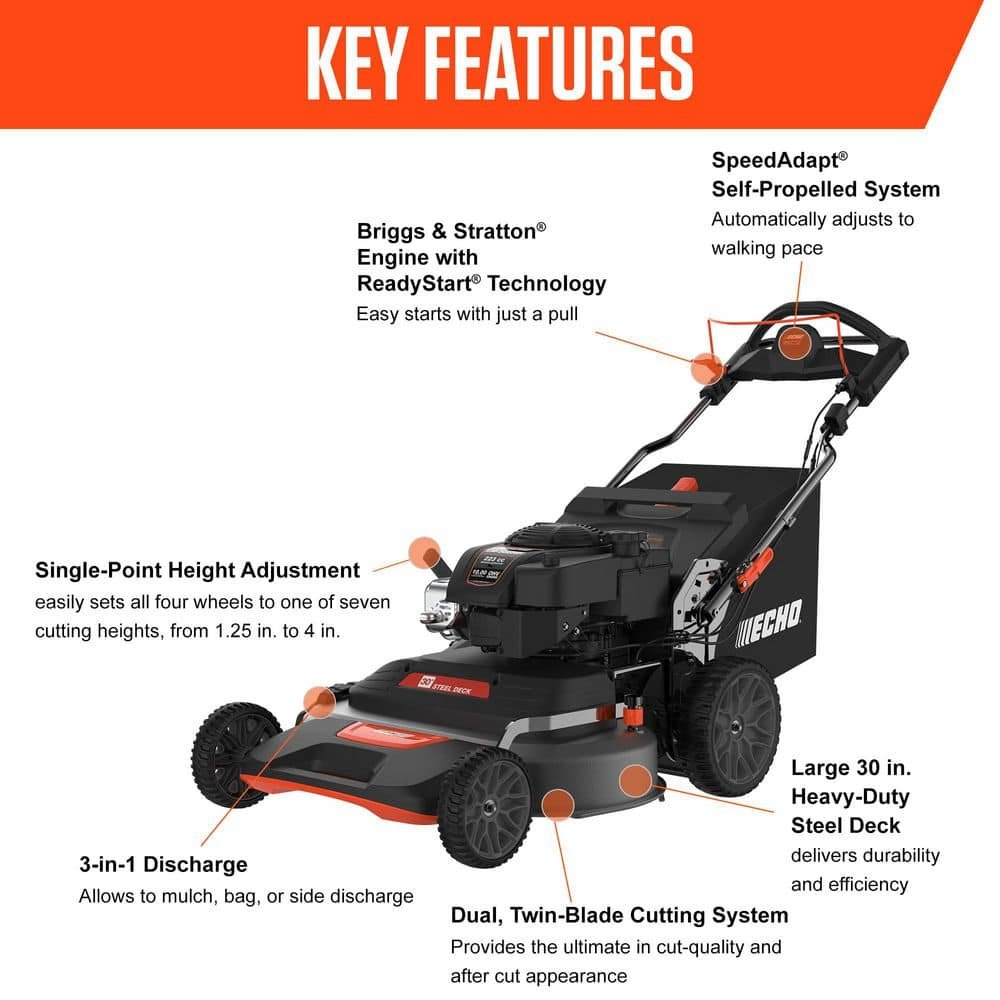 ECHO 30 in. 223 CC Briggs and Stratton Gas 3-in-1 Dual Twin Blade RWD Self-Propelled Wide Area Lawn Mower with ReadyStart LM-3022SP