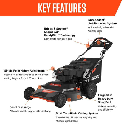 ECHO 30 in. 223 CC Briggs and Stratton Gas 3-in-1 Dual Twin Blade RWD Self-Propelled Wide Area Lawn Mower with ReadyStart LM-3022SP