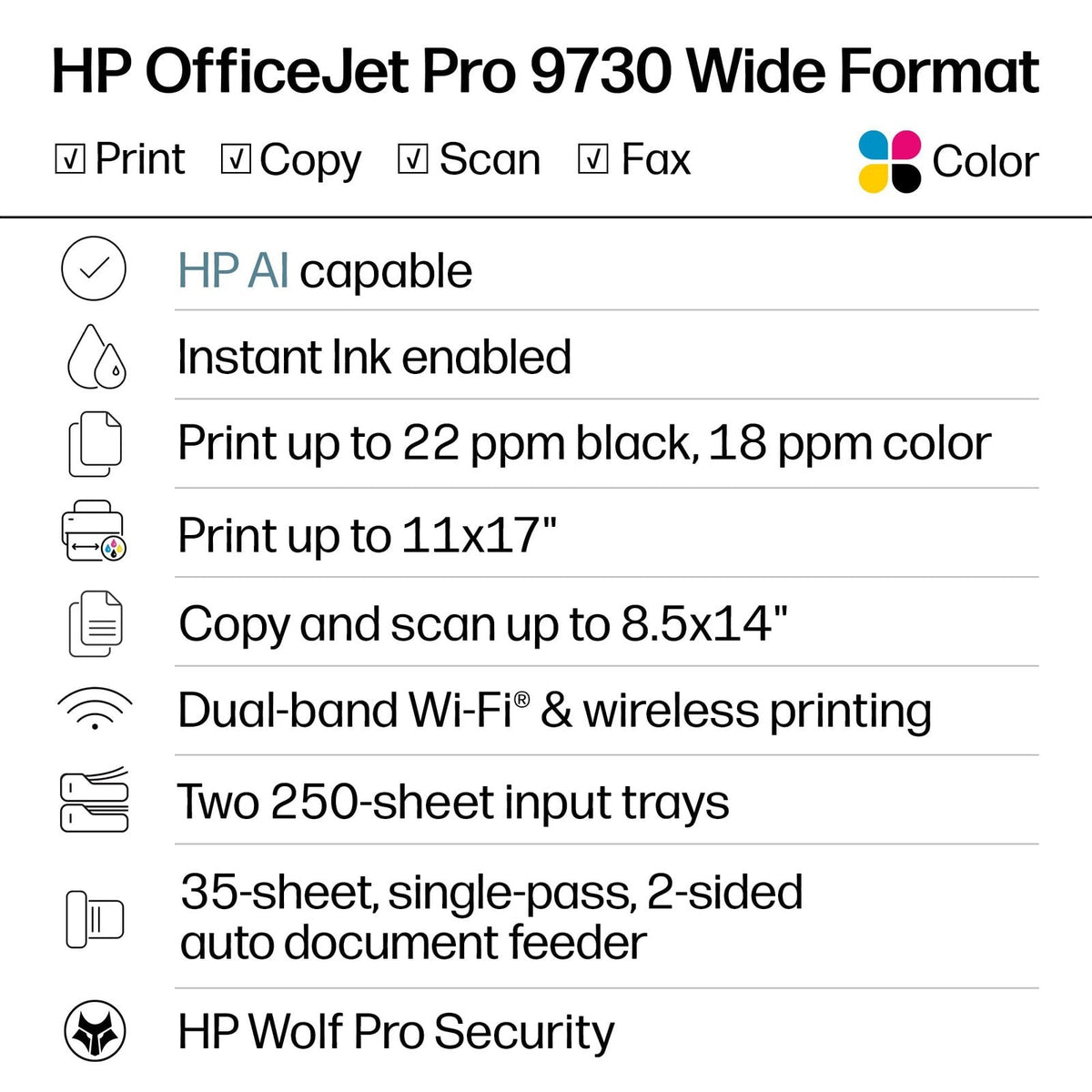 HP – OfficeJet Pro 9730 Wireless Wide Format All-in-One Inkjet Printer, Scanner, Copier, AI-Enabled with 3 Mos of Instant Ink – White