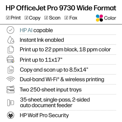 HP – OfficeJet Pro 9730 Wireless Wide Format All-in-One Inkjet Printer, Scanner, Copier, AI-Enabled with 3 Mos of Instant Ink – White