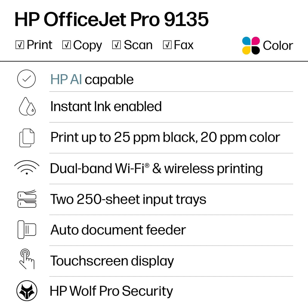 HP – OfficeJet Pro 9135 Wireless All-in-One Inkjet Printer, Scanner, Copier, AI-Enabled with 3 Months of Instant Ink – White