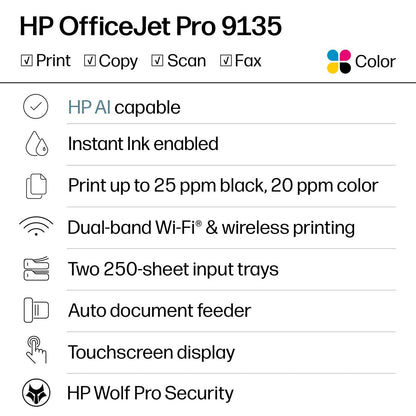 HP – OfficeJet Pro 9135 Wireless All-in-One Inkjet Printer, Scanner, Copier, AI-Enabled with 3 Months of Instant Ink – White