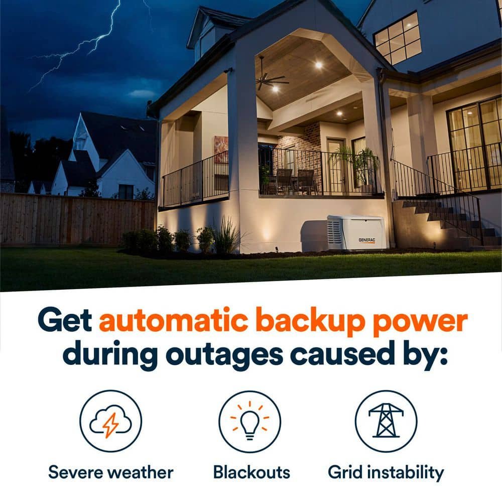 Generac 24kW Air-Cooled Auto Start Natural Gas or Propane Whole House Generator and 200 Amp Transfer Switch w/ Smart Monitoring 7326